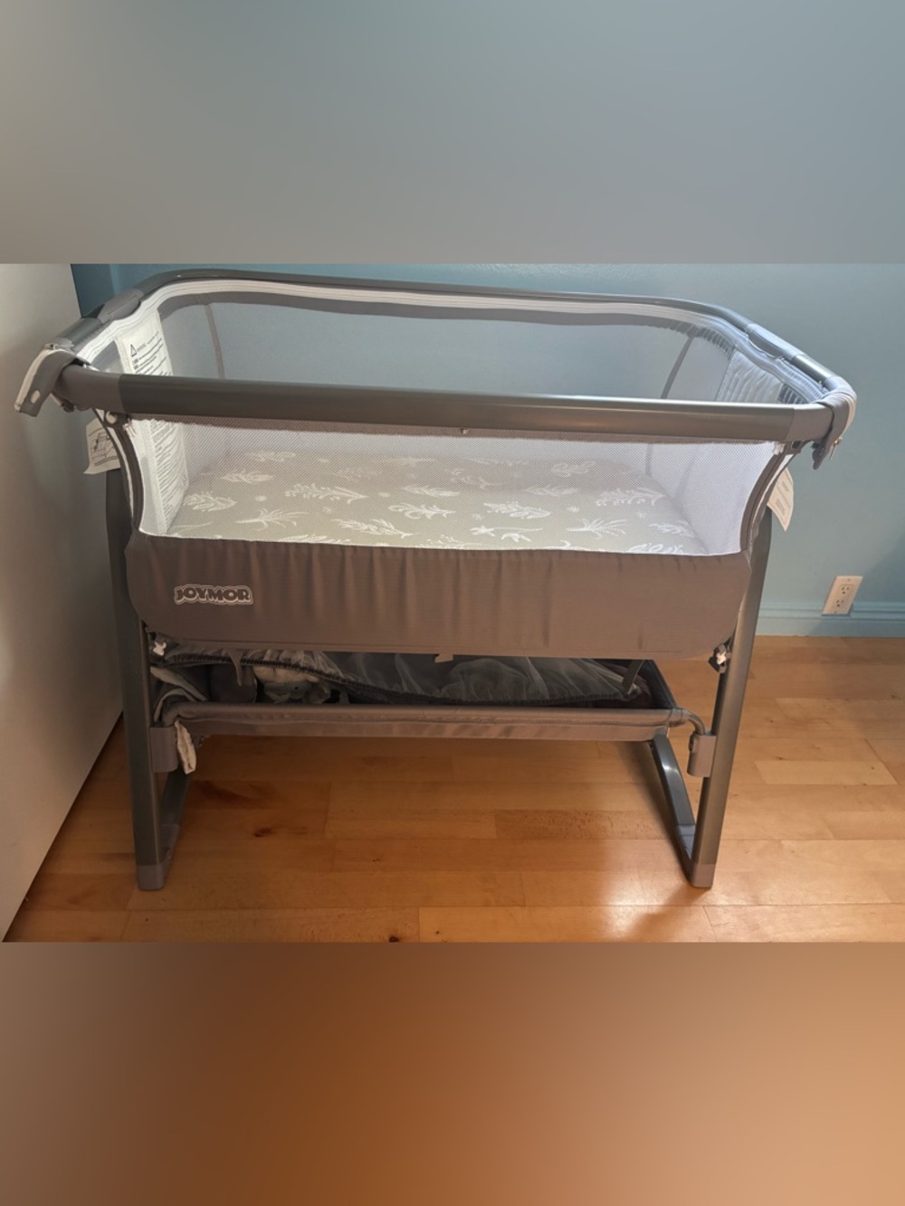 Gray Baby Bassinet with Mesh Sides